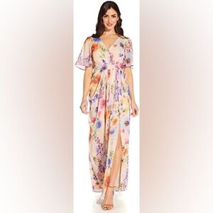 ADRIANNA PAPELL Floral Flutter-Sleeve Chiffon Gown. Size 2